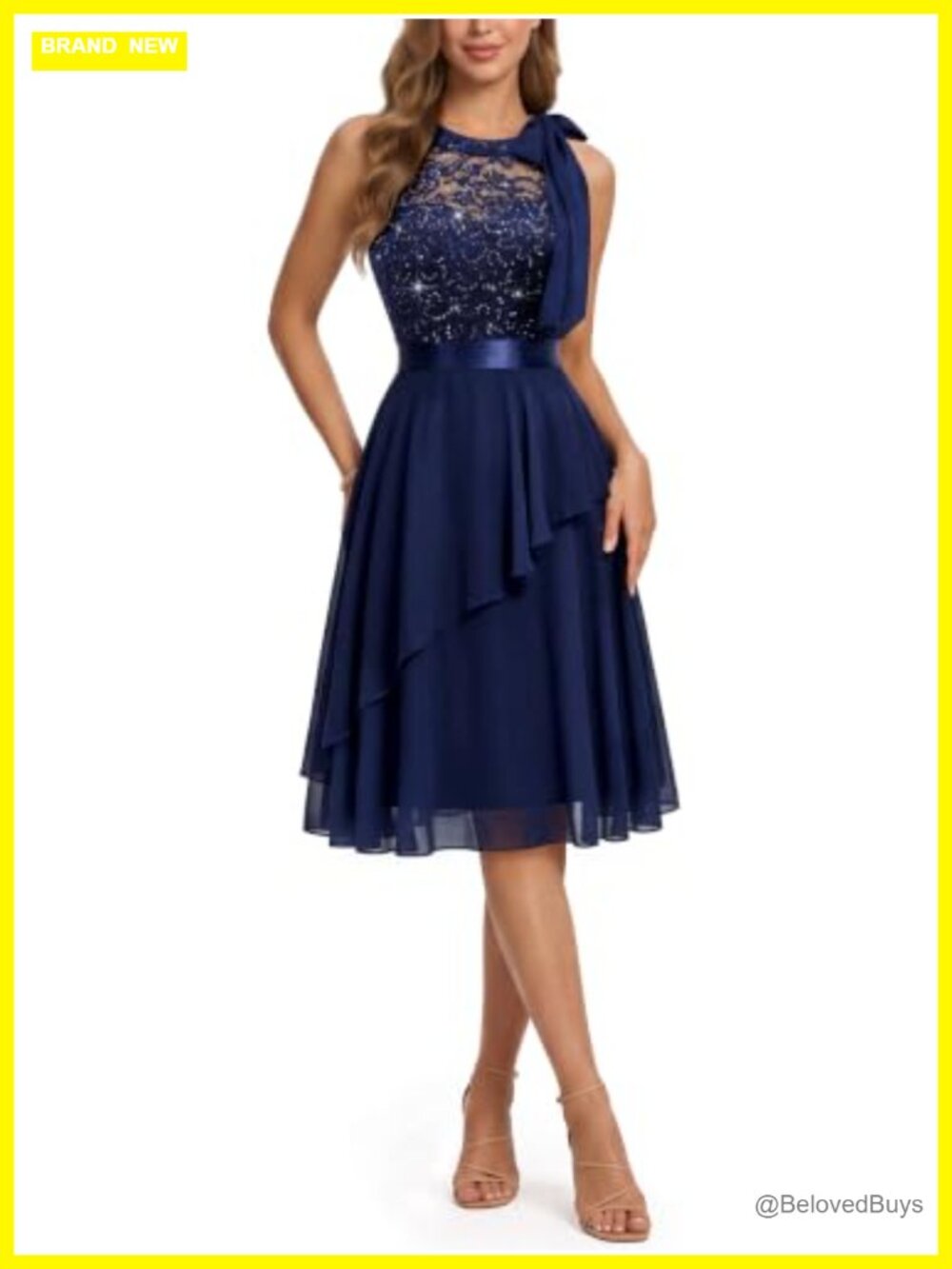 Sequin Lace Halter Keyhole Back Pleated Glitter Party Dress